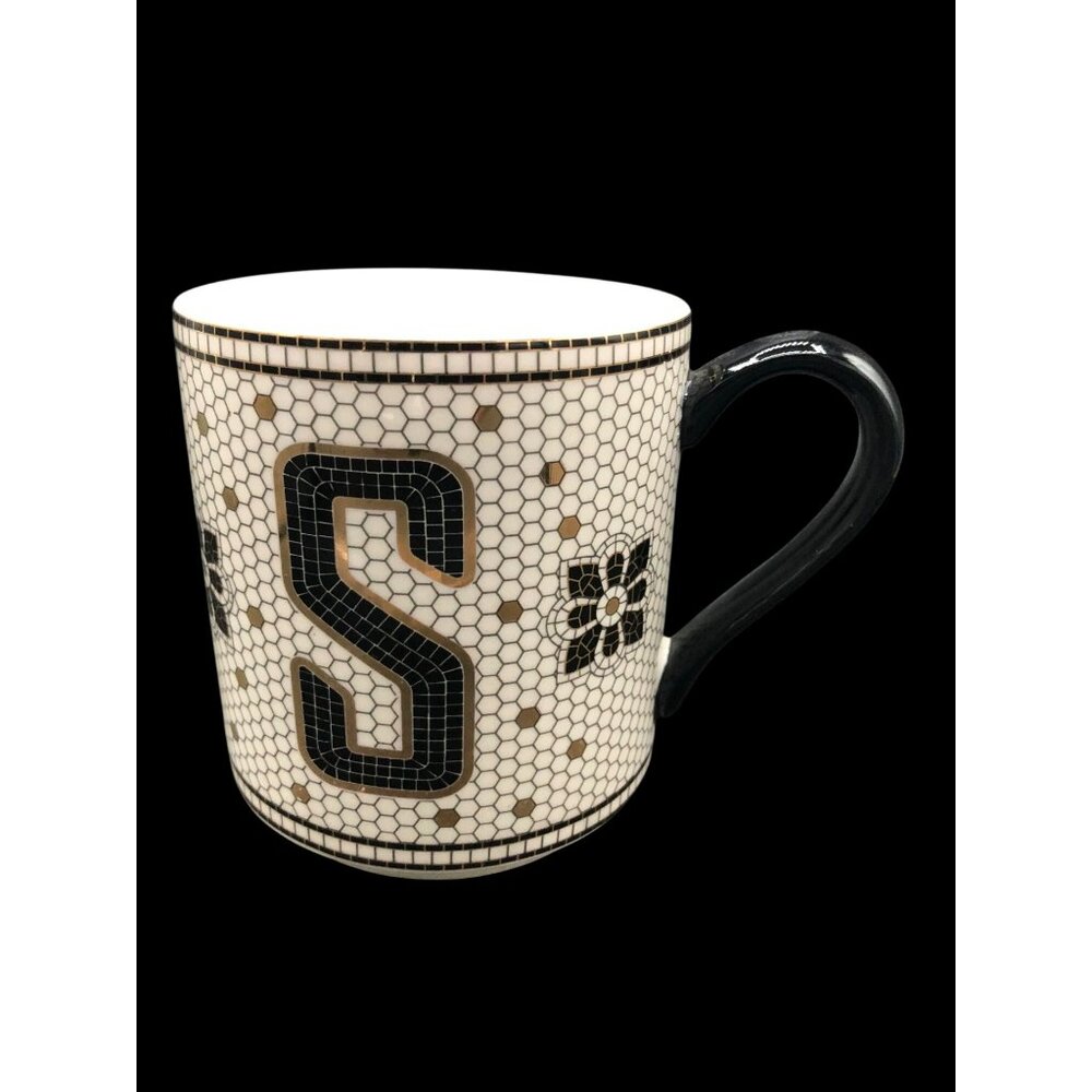 Anthropologie Mosaic Tile Monogram S Mug 4"x5" Ceramic Black & White With Gold A
